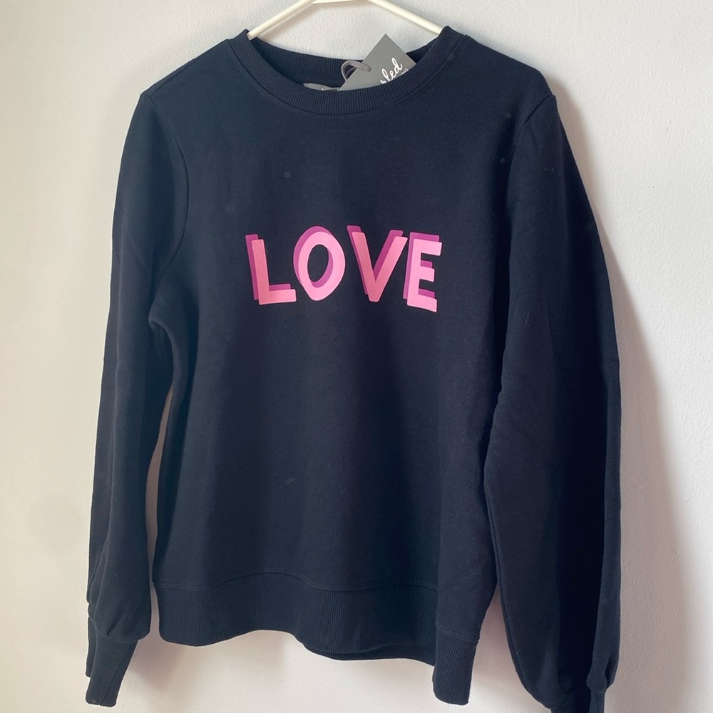Marled black LOVE sweatshirt bell sleeve, Large NWT.  Cotton/poly blend
